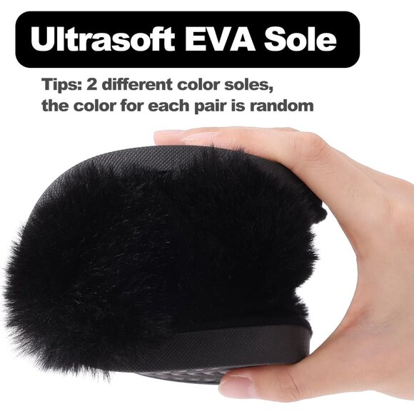 Women's Black Fuzzy Slippers Cross Band Memory Foam Faux-fur Open Toe Shoes - Picture 6 of 9